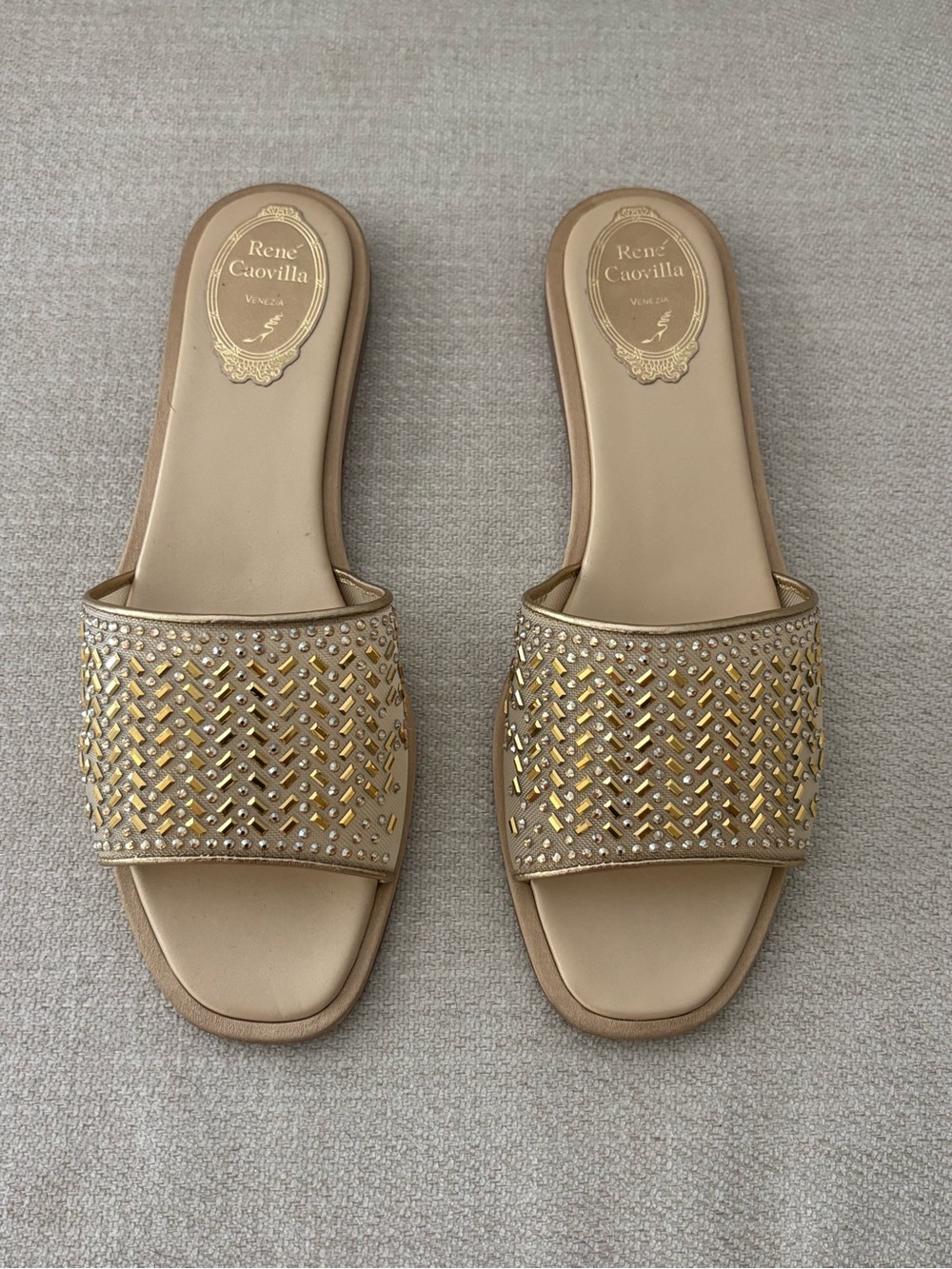 Rene Caovilla Gold and Nude Embellished Slide Mules